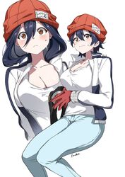  :&lt; beanie black_hair blue_pants blush breasts brown_eyes character_name cleavage closed_mouth commentary cropped_torso denim english_commentary english_text feet_out_of_frame female gloves hair_between_eyes hat highres invisible_chair izumo_fuuko jacket jeans large_breasts long_sleeves looking_at_viewer multiple_views open_clothes open_jacket pants red_beanie red_gloves short_hair simple_background sitting steepled_fingers sweat tank_top track_jacket undead_unluck wavy_mouth white_background white_tank_top youguo_naberu 