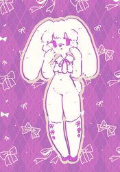  anthro bottomless citrus_fossil clothed clothing female hi_res knee_highs lagomorph legwear leporid line_art mammal naturally_censored outline pink_background pink_lines pink_theme rabbit restricted_palette ribbons simple_background solo yellow_outline 