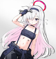  alternate_costume black_eyes blue_archive blunt_bangs bow breasts choker clothes_around_waist collarbone dirty dirty_clothes dirty_face female flying_sweatdrops hair_over_eyes hairband hairbow halo highres holding holding_wrench long_hair multicolored_hair mutsuse navel pants pink_hair pink_halo plana_(blue_archive) shirt shirt_around_waist small_breasts solo strapless suspenders tube_top two-tone_hair very_long_hair white_hair work_gloves wrench 