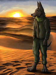  absurd_res anthro black_body black_fur bottomwear brown_eyes canid canine canis clothing desert digital_media_(artwork) digital_painting_(artwork) digitigrade fur hex_(satanic-furry) hi_res jackal jacket landscape male mammal melanistic_jackal morning pants portrait sand scarf solo standing sunrise topwear yenocwolf 