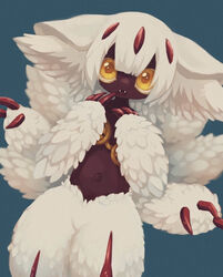  3_fingers 4_arms ambiguous_gender arthropod big_pupils brown_body brown_skin cute_fangs digital_media_(artwork) faputa featureless_chest featureless_crotch female_(lore) fingers front_view fur green_background hair humanoid inner_ear_fluff looking_at_viewer made_in_abyss masyu_ori multi_arm multi_limb multi_tail narehate navel nude open_mouth outie_navel portrait pseudo_clothing pupils simple_background solo tail three-quarter_portrait tongue tuft white_body white_fur white_hair yellow_eyes 