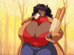  anthro autumn belt big_breasts black_hair blue_bottomwear blue_clothing blue_pants bottomwear bread breasts brown_body brown_clothing brown_coat brown_fur brown_topwear canid canine canis cleavage closed_eyes clothed clothing coat container cup drinking female fenrie_(fenrir_brown) fenrir_brown food fur hair hi_res holding_bag holding_container holding_cup holding_object huge_breasts mammal pants plant red_clothing solo standing topwear tree wolf 