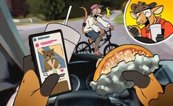  american_opossum anthro backwards_baseball_cap backwards_hat baseball_cap bicycle bottomwear bovid brown_body brown_fur brown_hair caprine closed_eyes clothing curled_hair curved_horn driving duo empanada eyewear fangs food fur glasses grey_body grey_fur hair happy_(happyroadkill) hat headgear headwear hi_res hoodie horn humor male mammal marsupial moche_(mocheccino) mocheccino open_mouth open_smile pastry pink_body pink_sclera pink_skin sheep shorts smile stubble teeth texting topwear vehicle virginia_opossum wide_eyed 