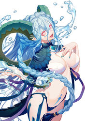  absurdres aqua_hair black_shirt black_thighhighs braid breasts choker cleavage cropped_shirt curled_horns erchongbaojun fate/grand_order fate_(series) female hair_between_eyes highres horns jewelry large_breasts larva_tiamat_(fate) larva_tiamat_(third_ascension)_(fate) long_hair looking_at_viewer navel open_mouth pendant pink_eyes pointy_ears shirt shrug_(clothing) sidelocks smile stomach_tattoo striped_clothes striped_sleeves symbol-shaped_pupils tail tattoo thighhighs tiamat_(fate) very_long_hair water 