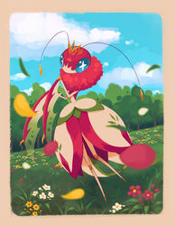  ambiguous_gender antennae_(anatomy) anthro arthropod arthropod_abdomen blue_eyes border cloud crown crown_only daisy_(flower) detailed_background digital_media_(artwork) elemental_creature field flora_fauna flower food food_creature fruit full-length_portrait grass grey_body headgear hi_res hybrid insects living_fruit mantis masyu_ori mouthless multicolored_body outside plant portrait pseudo_clothing pupils red_body red_ruff ruff sky solo standing star_pupils tan_border three-quarter_view tree white_body white_pupils yellow_body 