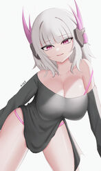  absurdres artist_name bikini breasts doyagao female grey_hair headgear headphones highres large_breasts liv:_lux_(punishing:_gray_raven) liv_(punishing:_gray_raven) looking_at_viewer medium_hair pink_bikini pink_eyes punishing:_gray_raven ryze_(7544) shirt short_hair simple_background smug swimsuit thighs white_background white_hair 