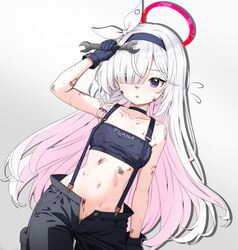  alternate_costume black_eyes blue_archive blunt_bangs bow breasts choker clothes_around_waist collarbone dirty dirty_clothes dirty_face female flying_sweatdrops hair_over_eyes hairband hairbow halo highres holding holding_wrench long_hair multicolored_hair mutsuse navel open_fly pants pink_hair pink_halo plana_(blue_archive) small_breasts solo strapless suspenders tube_top two-tone_hair unzipped very_long_hair white_hair work_gloves wrench 