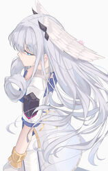  artist_name blue_eyes breasts cleavage commentary dress female from_above gloves grey_hair head_wings highres long_hair melia_antiqua revvie simple_background solo twitter_username two-tone_gloves white_background white_dress white_gloves wings xenoblade_chronicles_(series) xenoblade_chronicles_3 yellow_gloves 