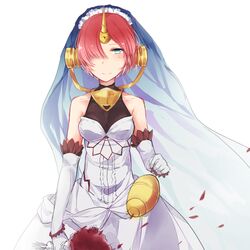  bare_shoulders berserker_of_black blue_eyes breasts dress elbow_gloves fate/apocrypha fate_(series) female flower gloves hair_ornament hair_over_one_eye horn pink_hair short_hair smile veil white_dress 