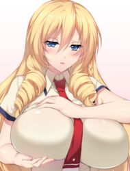  between_breasts blonde_hair blue_eyes blush breasts busou_shoujo_machiavellism commentary_request drill_hair female gradient_background hair_between_eyes hands_on_own_chest kikakujou_mary large_breasts long_hair looking_at_viewer minamon_(vittel221) nail_polish necktie necktie_between_breasts parted_lips pink_nails red_necktie school_uniform short_sleeves solo upper_body 