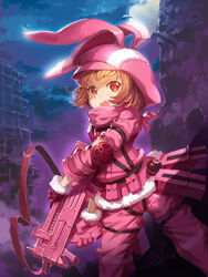  absurdres alternate_weapon animal_ears animal_hat bad_id bad_pixiv_id blush brown_hair bullpup cloud dated explosive female gloves grenade gun hat highres holding holding_gun holding_weapon jacket llenn_(sao) looking_at_viewer oerba_yun_fang open_mouth outdoors p-chan_(p90) pants photoshop_(medium) pink_gloves pink_hat pink_jacket pink_pants pink_weapon rabbit_ears red_eyes short_hair sky solo standing submachine_gun sword_art_online sword_art_online_alternative:_gun_gale_online van_(yoroshigu) weapon 