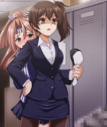  2girls alternate_costume blush brown_eyes brown_hair censored commentary_request hachimaki headband highres kaga_(kancolle) kantai_collection lawson mosaic_censoring multiple_girls office_lady open_mouth pantyhose ponytail shaded_face side_ponytail tearing_up tears yellow_eyes zanntetu zuihou_(kancolle) zuihou_(lawson)_(kancolle) 