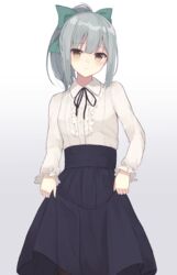  alternate_costume bad_id bad_twitter_id black_skirt blush bow female grey_hair hair_ribbon hairbow huuyu_1z kantai_collection long_hair long_skirt long_sleeves meme_attire pantyhose ponytail ribbon shirt simple_background skirt skirt_hold solo virgin_killer_outfit white_shirt yuubari_(kancolle) 