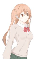  breasts brown_eyes brown_hair commentary_request female highres long_hair school_uniform shiraishi_(tanakeda) solo tanaka-kun_wa_itsumo_kedaruge yuni_tofu 