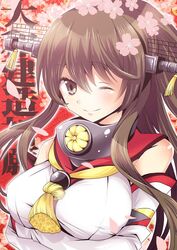  breast_hold breasts brown_eyes brown_hair commentary_request detached_sleeves female headgear kantai_collection large_breasts long_hair photoshop_(medium) ponytail smile solo yamato_(kancolle) yyukke 