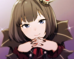  1boy :&gt; akariko androgynous black_hair black_nails blue_eyes blush bob_cut commentary_request crown fingernails hat idolmaster idolmaster_side-m kagura_rei male_focus nail_polish own_hands_clasped own_hands_together smile solo sparkle 