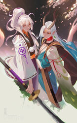  2boys aerysky androgynous artist_name commentary_request copyright_name earrings eyebrows highres holding holding_sword holding_weapon horns ichimoku_ren_(onmyoji) japanese_clothes jewelry looking_at_viewer male_focus multiple_boys onmyoji pointy_ears ponytail red_ribbon ribbon scar scar_across_eye scar_on_face standing sword teikon weapon white_hair wide_sleeves yellow_eyes 