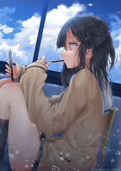  blue_sky chair cloud cloudy_sky commentary_request day female food higashikata_kou highres holding holding_phone long_sleeves original phone pocky school_uniform sitting sky solo summer window 