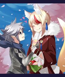  animal_ears blue_sky cherry_blossoms female fire_emblem fire_emblem_if fox_ears fox_tail fur_trim gradient gradient_background heart kanna_(fire_emblem_if) kinu_(fire_emblem_if) kitsune petals pointy_ears rojiura-cat scarf sky spiked_hair tail tree 