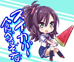  abe_kanari black_hair blue_skirt blush_stickers commentary_request earrings female food green_eyes high_school_fleet jewelry katsuta_satoko long_hair looking_at_viewer neckerchief open_mouth oversized_object photoshop_(medium) pleated_skirt popsicle purple_hair red_neckerchief school_uniform serafuku short_sleeves sitting skirt solo translated twintails watermelon_bar yokosuka_girls_marine_high_school_uniform 