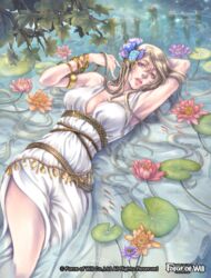  afloat arm_behind_head bare_shoulders blonde_hair blue_eyes blue_flower bracelet breasts cleavage commentary_request copyright_name cowboy_shot dress feet_out_of_frame female flower force_of_will hair_flower hair_ornament jewelry kamijororo large_breasts leaf lily_pad long_hair official_art open_mouth orange_flower pink_flower plunging_neckline purple_flower sleeveless sleeveless_dress solo teeth upper_teeth_only water water_lily_flower wavy_hair white_dress 