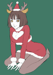  black_hair bob_cut brown_eyes chounorin commentary_request female higashikata_daiya jojo_no_kimyou_na_bouken jojolion pantyhose santa_costume short_hair solo 