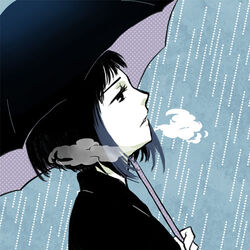  bad_id bad_pixiv_id bob_cut breath eyelashes female flat_color from_side half-closed_eyes holding holding_umbrella looking_up lowres mako_mori pacific_rim parted_lips photoshop_(medium) profile rain short_hair solo tatsuri_(forest_penguin) umbrella unmoving_pattern upper_body 