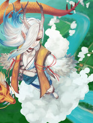  1boy barefoot black_sclera cloud colored_sclera commentary_request crossed_arms dragon eastern_dragon from_above horns ichimoku_ren_(onmyoji) jewelry male_focus nail_polish necklace onmyoji pale_skin pointy_ears red_eyes red_nails river rorira single_horn solo standing white_hair 