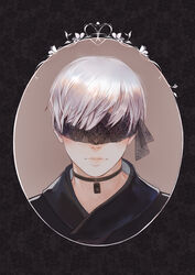  1boy 9s_(nier:automata) absurdres backpack bag black_blindfold black_choker black_jacket blindfold choker closed_mouth commentary covered_eyes facing_viewer fuwaffy highres jacket lace lace-trimmed_blindfold lace_trim lips male_focus nier:automata nier_(series) nose pink_lips portrait solo strap white_hair 