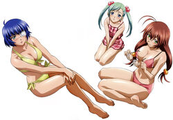  3girls absurdres age_difference ahoge antenna_hair aqua_eyes barefoot between_legs bikini blue_eyes blue_hair blush breasts brown_hair casual_one-piece_swimsuit cleavage closed_mouth collarbone earrings embarrassed eyepatch feet flat_chest from_above from_side front-tie_bikini_top front-tie_top full_body glasses green_eyes green_hair hair_between_eyes hair_bobbles hair_ornament halterneck hand_between_legs hand_on_own_knee highres holding holding_removed_eyewear ikkitousen ikkitousen_xross_impact jewelry legs light_smile lolicon looking_at_viewer low_twintails magatama magatama_earrings medical_eyepatch medium_breasts mole mole_under_mouth multiple_girls navel non-web_source nose_pads official_art one-piece_swimsuit one_eye_covered own_hands_together parted_lips photoshop_(medium) pink_bikini plaid plaid_swimsuit rimless_eyewear ryomou_shimei ryuubi_gentoku scan seiza shiny_skin shokatsuryou_koumei side-tie_bikini_bottom sideboob simple_background sitting smile straight_hair swept_bangs swimsuit swimsuit_skirt twintails unworn_eyewear v_arms wariza wet white_background yellow_bikini 