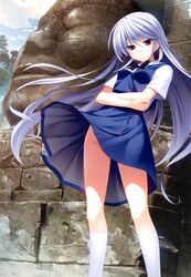  bow day expressionless female floating_hair fumio_(ura_fmo) grey_hair grisaia_(series) grisaia_no_kajitsu groin highres kazami_kazuki kneehighs long_hair long_legs megami_magazine no_panties official_art outdoors red_eyes sculpture short_sleeves socks solo standing very_long_hair white_socks wind wind_lift 