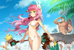  2boys ;d abs ahoge aqua_hair artist_name bad_id bad_pixiv_id ball beachball bikini bird blue_eyes blue_sky breasts brown_hair bucket canine dated day female frown goggles goggles_on_head hair_ornament holding holding_sword holding_weapon innertube looking_at_viewer male_swimwear multiple_boys muscular navel one_eye_closed open_mouth orb outdoors pink_hair rabbit_hair_ornament scar seagull side-tie_bikini_bottom sky small_breasts smile spiked_hair standing swim_ring swim_trunks swimsuit sword tree van_(yoroshigu) weapon white_bikini wristband 