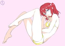  bikini blue_eyes breasts commentary_request female musha_sabu original red_hair short_hair small_breasts solo swimsuit yellow_bikini 