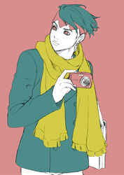  1boy camera chounorin coat commentary_request diamond_wa_kudakenai earrings green_hair headband jewelry jojo_no_kimyou_na_bouken kishibe_rohan male_focus red_eyes scarf solo 