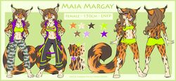  2014 absurd_res anthro barefoot biped border breasts clothed clothing digitigrade feet felid feline female fur green_border hi_res hybrid leopardus lynx mammal margay midriff model_sheet navel neotheta orange_body orange_fur purple_eyes solo tail 