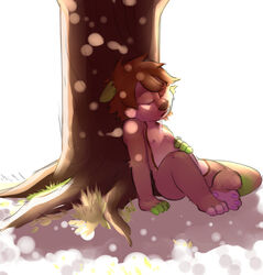  absurd_res anthro bodily_fluids brown_body brown_fur brown_hair brown_nose closed_eyes drooling fur furfit green_body green_fur hair hi_res lolicon male mammal mustelid nipples nude otter pawpads plant rusty_(darkrusty) saliva sitting sleeping solo tree young young_anthro young_male 