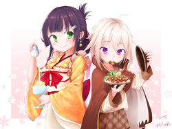  2girls blush brown_coat brown_skirt coat commentary_request cookie earrings egg food food_in_mouth green_eyes higashikata_kou highres holding holding_food jewelry long_hair long_sleeves multiple_girls original purple_eyes purple_hair red_ribbon ribbon skirt smile white_hair 