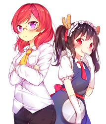  2girls apron black_hair black_pants blush breast_pocket closed_mouth collared_shirt commentary cosplay crossed_arms dragon_horns dress_shirt elbow_gloves frilled_sleeves frills frown glasses gloves hair_ribbon hairband holding horns kaxukin kobayashi-san_chi_no_maidragon kobayashi_(maidragon) kobayashi_(maidragon)_(cosplay) lolita_hairband long_hair love_live! love_live!_school_idol_project maid multiple_girls necktie nishikino_maki open_mouth pants pink_eyes pocket red_hair red_necktie red_ribbon ribbon shirt simple_background sleeves_past_wrists smile smirk tohru_(maidragon) tohru_(maidragon)_(cosplay) tray twintails white_background white_gloves white_shirt wing_collar yazawa_nico yellow_necktie 