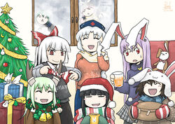  !! 6+girls :d absurdres animal_ears animal_hat arm_up arms_up bangs bell black_gloves black_hair black_hat black_legwear black_shirt black_skirt black_vest blue_hat blue_scarf blue_skirt blush blush_stickers bovine bow breasts brown_coat brown_shirt bunny_ears bunny_hat bunny_symbol chibi christmas_ornaments christmas_sweater christmas_tree closed_eyes closed_mouth coat commentary_request crescent_moon cross cup dated english_text fake_antlers female fujiwara_no_mokou fur-trimmed_hat garland_(decoration) gift gloves green_gloves green_hair grey_skirt grey_sleeves hair_between_eyes hairbow hand_on_own_face hat highres holding holding_cup holding_gift imperishable_night indoors long_hair long_skirt long_sleeves looking_at_viewer looking_to_the_side medium_breasts merry_christmas moon multiple_girls neck_bell nurse_cap o_o open_mouth pantyhose party pinecone pink_hair plaid plaid_bow plaid_neckwear plaid_skirt pleated_skirt pompompurin purple_hair red_bow red_eyes red_gloves red_neckwear reef reisen_udongein_inaba santa_hat scarf shirt short_hair signature skirt smile snowman solo standing striped striped_scarf stuffed_animal stuffed_bunny stuffed_toy sweatdrop tape touhou tying v-shaped_eyebrows vest white_bow white_hair white_shirt window window_fog window_writing wreath yellow_bow yellow_scarf 