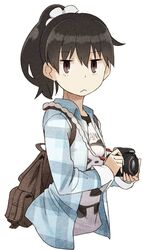  :&lt; backpack bag black_hair brown_eyes camera collared_shirt commentary_request female fur_trim jacket long_sleeves open_clothes open_jacket original ponytail shirt solo t-shirt upper_body white_background yukihiroyuki 