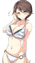  adjusting_hair arm_behind_back bare_shoulders bikini blush breasts cleavage commentary_request cowboy_shot earrings female flying_sweatdrops green_eyes half-closed_eyes highres idolmaster idolmaster_cinderella_girls jewelry large_breasts looking_at_viewer natsu_(anta_tte_hitoha) navel o-ring o-ring_bottom shinohara_rei short_hair simple_background solo swimsuit wavy_mouth weapon white_bikini 