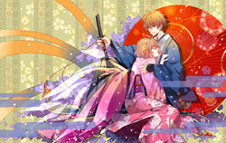  1boy asa_no_ha_(pattern) blue_kimono brown_hair closed_eyes commentary egasumi female floral_background floral_print hand_on_another&#039;s_chest holding holding_sheath holding_sword holding_weapon hug japanese_clothes katana kimono layered_clothes layered_kimono obi oil-paper_umbrella pink_kimono sageo sakura_hime sash sayagata sheath sheathed short_hair sitting sword tassel temari_print tsubasa_chronicle umbrella unmoving_pattern w_w_w_wloveless weapon white_kimono xiaolang 