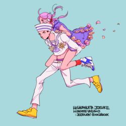  1boy carrying commentary_request dixie_cup_hat female hair_bobbles hair_ornament hat higashikata_josuke_(jojolion) hirose_yasuho jojo_no_kimyou_na_bouken jojolion mandaman military_hat piggyback pink_hair 