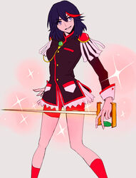  bad_id bad_pixiv_id bike_shorts black_hair cosplay epaulettes female kill_la_kill matoi_ryuuko saaya_(32308) short_hair shoujo_kakumei_utena solo sword sword_of_dios tenjou_utena tenjou_utena_(cosplay) weapon 