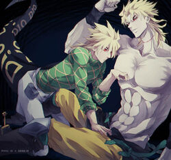  2boys ankai_(rappelzankai) birthmark blonde_hair claws commentary_request diego_brando dinosaur_boy dinosaur_tail dio_brando ear_birthmark gloves green_shirt jojo_no_kimyou_na_bouken male_focus multiple_boys photoshop_(medium) red_eyes scar scar_on_neck scary_monsters_(stand) shirt stand_(jojo) stardust_crusaders steel_ball_run tail 