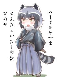  adapted_costume animal_ears blue_hair blush commentary_request common_raccoon_(kemono_friends) crossdressing female full_body fur_collar green_hair hakama hakama_skirt highres japanese_clothes katana kemono_friends long_sleeves multicolored_hair nenkou-san oerba_yun_fang open_mouth raccoon_ears raccoon_tail sakamoto_clan_(emblem) sakamoto_ryouma samurai sheath sheathed short_hair skirt solo sword tail translation_request weapon 