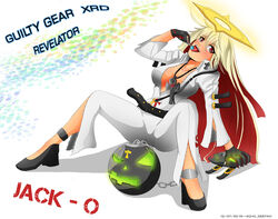  ahoge ankh arc_system_works ball_and_chain belt blonde_hair blush bodysuit breasts candy cross cross_necklace echo_destiny female gloves guilty_gear guilty_gear_xrd halo jack-o_(guilty_gear) licking lollipop long_hair looking_at_viewer mask multicolored_hair open_mouth red_eyes red_hair simple_background sitting smile solo tongue tongue_out 