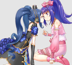  2girls bare_shoulders black_dress black_gloves black_hat blue_hair blush boots bow closed_mouth commentary detached_sleeves dress elbow_gloves eye_contact flower garara_s_leep gloves grey_background hair_flower hair_ornament hairbow hanazono_shuka hat high_heel_boots high_heels high_ponytail idol_time_pripara imminent_kiss long_hair long_sleeves looking_at_another mini_hat multiple_girls okiru pink_bow pink_flower pink_footwear pink_rose pink_shirt pink_skirt ponytail pretty_series pripara puffy_long_sleeves puffy_short_sleeves puffy_sleeves purple_eyes purple_hair rose shirt short_sleeves sidelocks simple_background skirt sweat twintails very_long_hair 