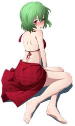  aono_meri back bad_id bad_twitter_id barefoot bikini bikini_top_only blush embarrassed feet female from_behind full_body green_hair highres image_sample kazami_yuuka legs looking_at_viewer looking_back open_mouth red_eyes sarong short_hair simple_background sitting solo swimsuit toes touhou twitter_sample white_background yokozuwari 