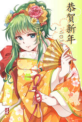  2014 alternate_hairstyle blue_eyes bow commentary_request female flower folding_fan green_hair gumi hair_flower hair_ornament hair_up hairbow hand_fan happy_new_year japanese_clothes kanzashi kimono new_year obi paper_fan sash sidelocks smile tied_hair tsujiori vocaloid 